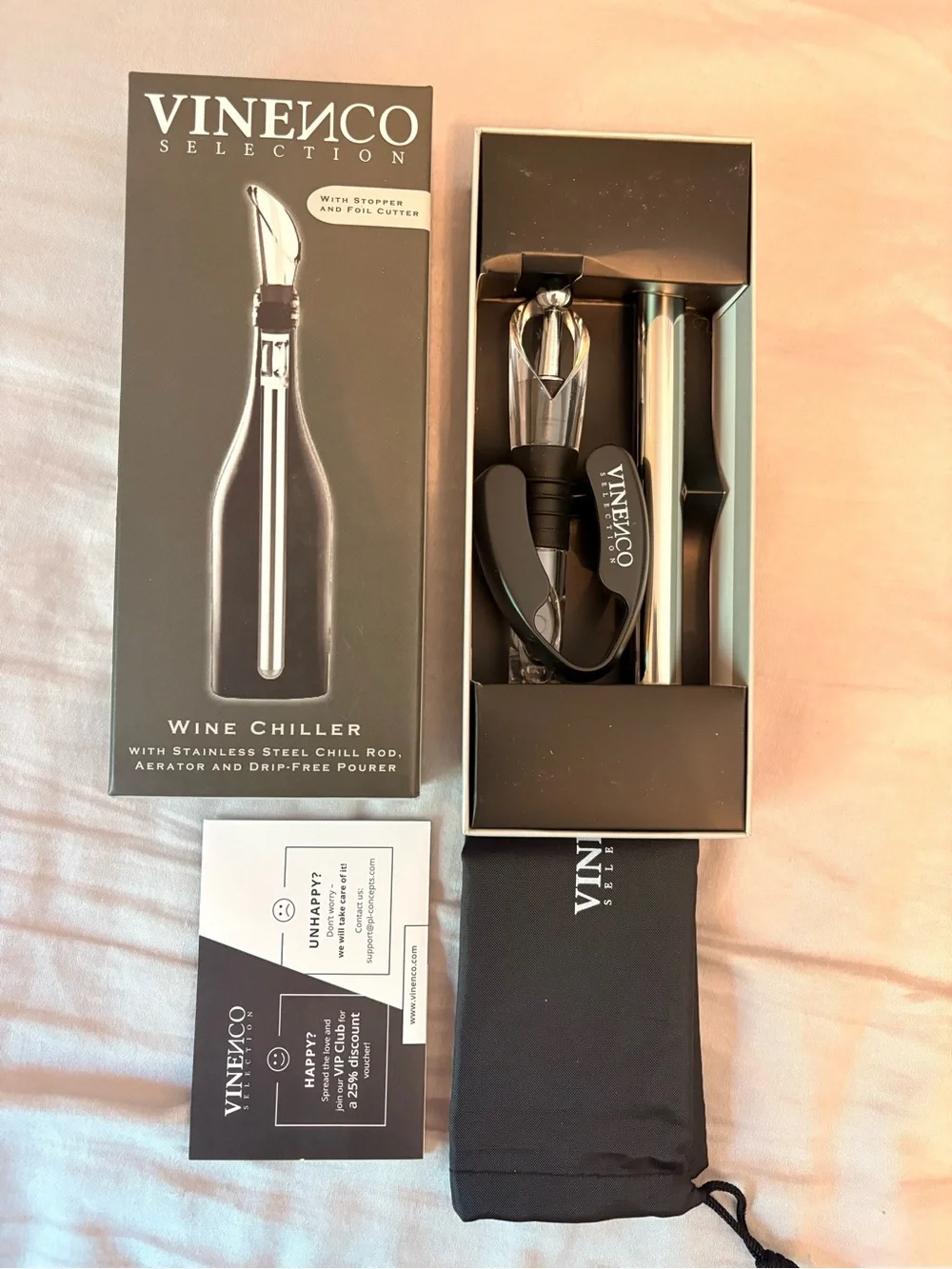 VINENCO Selection Wine Chiller Aerator Pourer Stopper Foil Cutter Set NIB